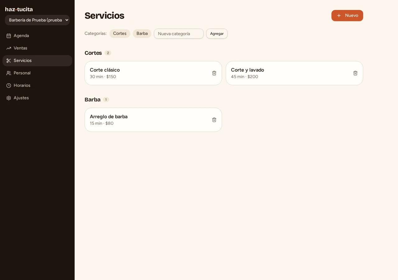 Captura real de Servicios: categorías Cortes y Barba en el negocio de prueba